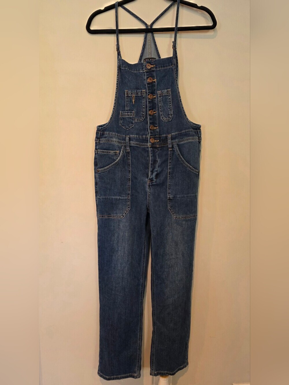 Miou Muse Size Medium Form Fitting Denim Overalls Button Front Bib Medium Wash - Picture 2 of 14